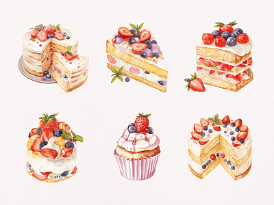 Cute Cake and Dessert Watercolor Illustration cake cheese clipart clipart bundle clipart set cream cupcake cute design dessert digital art illustration strawberry watercolor