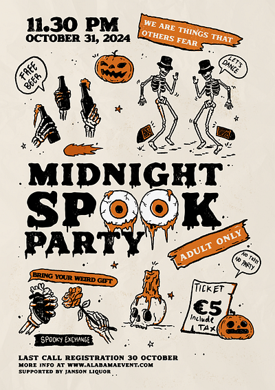 Midnight Spook Party - Halloween Poster autumn event halloween hand drawn illustration invitation minimalist party poster