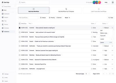 SaaS Application - Workflow Manager data table saas shadcn table workflow