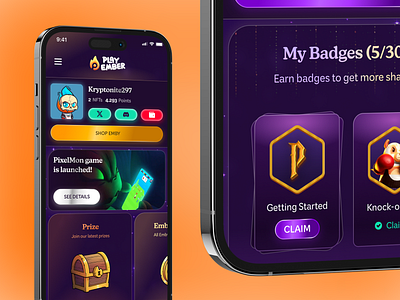 PlayEmber Dashboard | Mobile View app avatar badge card chest connect dashboard game gamification layout mobile navigation nft play to earn prize ranking responsive shop stack wallet