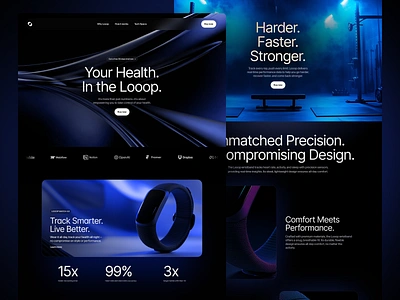 Looop | Smarter Health Tracking Product Landing Page artificial intelligence background blue clean dark mode futuristic gradient health landing page minimal modern one pager product landing page smart device tech tracker tracking web design website wrist band