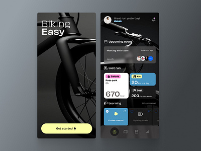 CycleTrack: a premium app for managing your cycling sessions calories burned clean interface cycling app dark theme distance covered fitness tracking goals health app interactive design minimalist design mobile app design performance tracking premium feel sport app tutorial section user engagement uxui design visual feedback