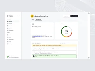 BuiltRight.co - builder dashboard overview bento builder chart checklist dashboard flat menu nav notification onboarding overlay pop up popup score seo settings sidebar socials table ui