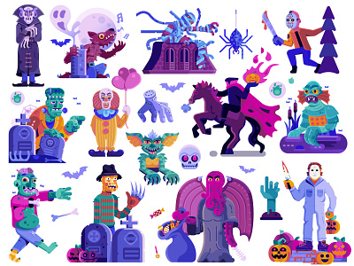 Halloween Monsters Collection characters creatures cthulhu famous flat design framkenstein friday 13th gaming illustration jason monsters movie nosferatu pop culture zombie