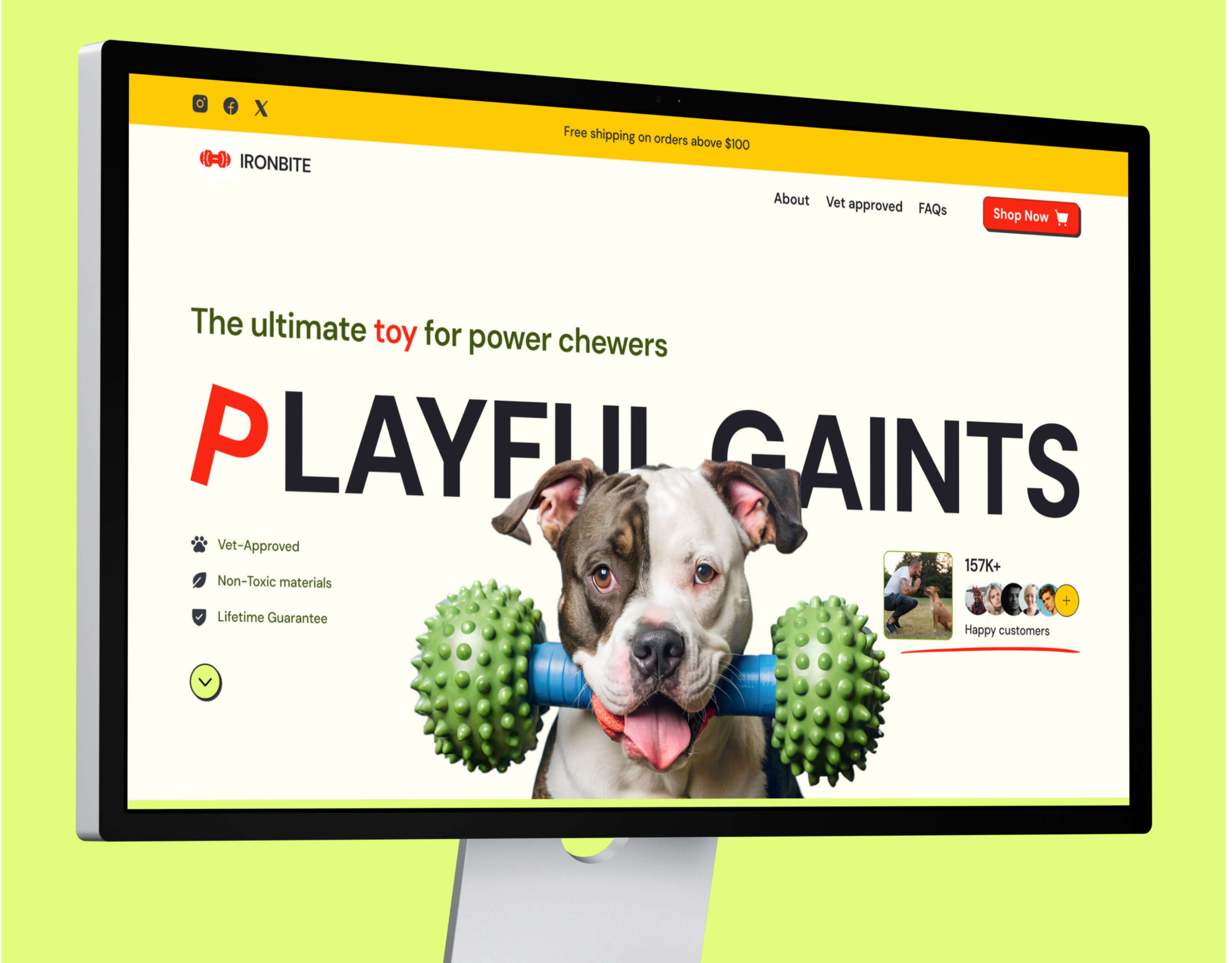 IronBite: E-commerce Landing Page for Durable Dog Toys. adaptive design ai ai illustration branding dog e commerce web design figma graphic design green hero page illustration landing page logo design minimalist petshop web design product design product page toy ui web design