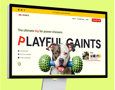 IronBite: E-commerce Landing Page for Durable Dog Toys. adaptive design ai ai illustration branding dog e commerce web design figma graphic design green hero page illustration landing page logo design minimalist petshop web design product design product page toy ui web design