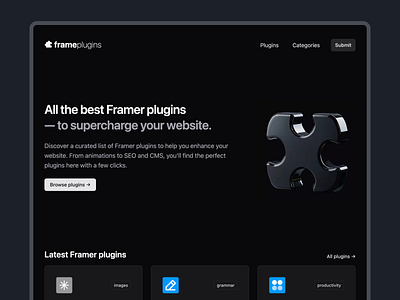 Frameplugins - Framer plugins card categories dark dark mode directory directory website framer hero landing landing page minimal modern plugins ui web design website