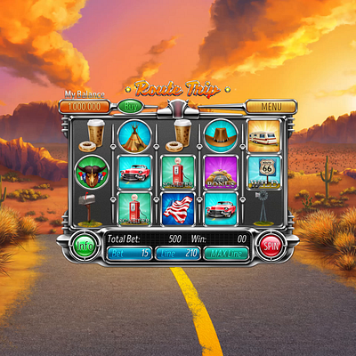 Route Trip animation cactus cadillac caravan casino digital art donut gambling game art game design gaming graphic design motion graphics onlineslots road 66 route saleslots slotmachine star