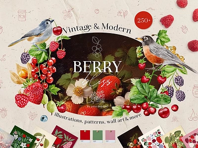 Berry Bliss Watercolor Collection animation branding design elements flower geometric elements graphic design letters numbers logo modern elements modern posters papers textures seamless patterns ui vintage posters watercolor compositions watercolor illustrations