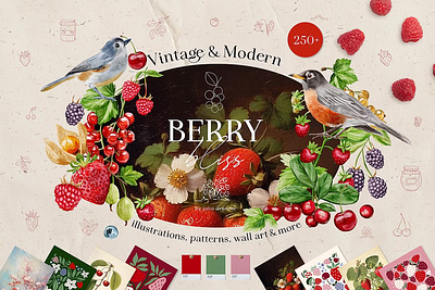 Berry Bliss Watercolor Collection animation branding design elements flower geometric elements graphic design letters numbers logo modern elements modern posters papers textures seamless patterns ui vintage posters watercolor compositions watercolor illustrations