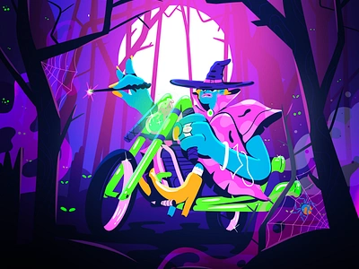 Witch 2d arcade studio character colour digital folioart halloween illustration neon spooky vector