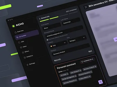 AICHO - AI CV builder ai assistant cv cv builder dark interface form hiring hr job job application leads marketing resume