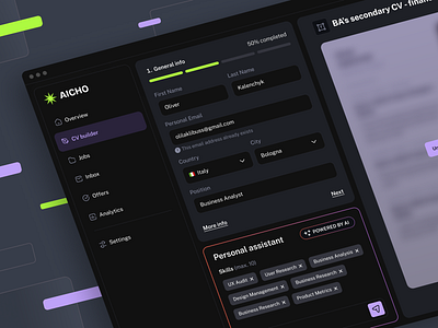 AICHO - AI CV builder ai assistant cv cv builder dark interface form hiring hr job job application leads marketing resume