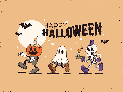 Retro Halloween characters cartoon character concept design flat ghost groovy halloween illustration mascot pumpkin retro rubberhose skeleton spooky vector