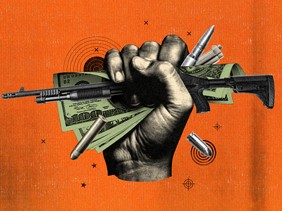 How Meta Brings in Millions Off Political Violence analog branding collage editorial illustration guns illustration money startup