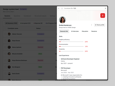 Candidate profile - Side modal candidate candidate ai fit candidate potential fit candidate profile candidate profile ux candidate saas candidate score hr hr saas hr saas software modal product design recruitment process recruitment saas right side modal saas side modal ui ui side modal ux