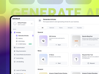 🚀 Redefining AI-Powered Article Creation amazon articles customization dashboard design history news platform seo social social media ui ux web application youtube