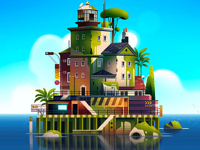 Out of the blue adventure city game gaming illustration island light lighthouse ocean pixel poster print retro