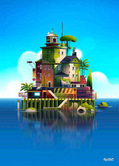 Out of the blue adventure city game gaming illustration island light lighthouse ocean pixel poster print retro