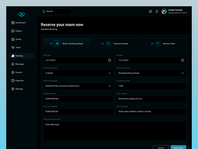 Resort Booking Web App black booking dark theme design enjoy figma hotel landing landing page package resort ui uiux ux visual web web app web application website