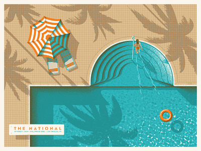 The National - Hollywood Bowl Poster dan kuhlken design dkng dkng studios geometric hollywood bowl illustration mid century modern nathan goldman palm trees pool poster the national umbrella vector