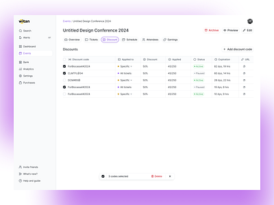 Event Discount Management Dashboard clean ui dashbaord design events product design ui uiux user experience webapp