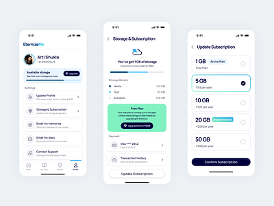 Storage & Subscription Design app card clean design list minimal mobile profile storage subscription ui