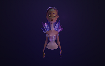 Feathers and Gems 3d blue character design gold nude purple shiny