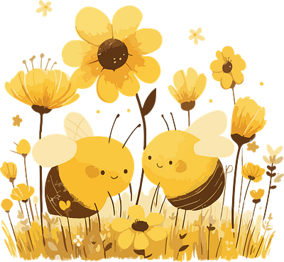 Sunny Bee Friends bee illustration cartoon bees garden scene graphic design insect illustration nature illustration spring art vector bee yellow flowers