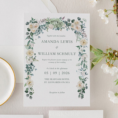 Editable White Floral Wedding Invitation Template canva canva template diy invite editable editable template graphic design invitation invitation template myworkshop myworkshopbymy printable rose template wedding wedding invitation white floral