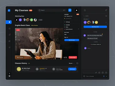 Education learning Platform in Dark app black chat classes clean courses dark dashboard dropdown education learning massenger messages minimal profile settings sidebar ui ui element uiux