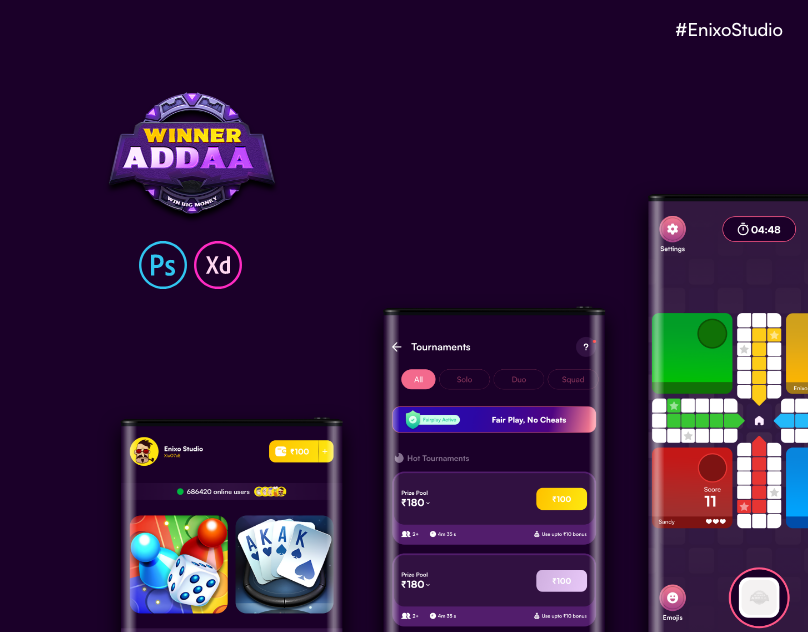 Winner Addaa UI/UX andar bahar aviator branding card game design enixo studio game design hire game designer hire game developer illustration logo ludo poker rummy ui