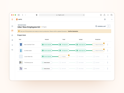 Inventory Product Production timeline campaign dashboard inventory inventory list items list kit list product list production saas stepper steppers steps swag swags kit table timeline ui upload