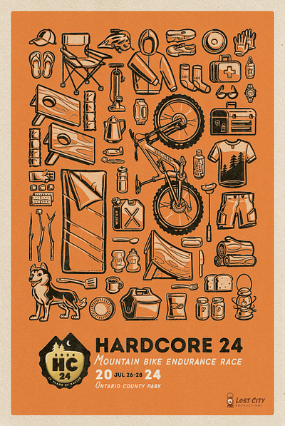 Hardcore 24 2024 - Race Poster air pump beanbags bicycle bikepacking camping camping chair coffee cornhole dog hand drawn hardcore 24 hc24 illustrated mountain bike offset printing paper plate race spatula toothbrush wipes