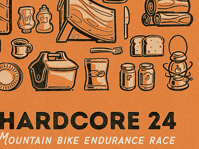 Hardcore 24 2024 - Race Poster beverage bicycle bread chips coffee coffee mug cooler fork hardcore 24 hc24 ketchup and mustard knife lantern logs mountain bike race ramp snack snckbag wood