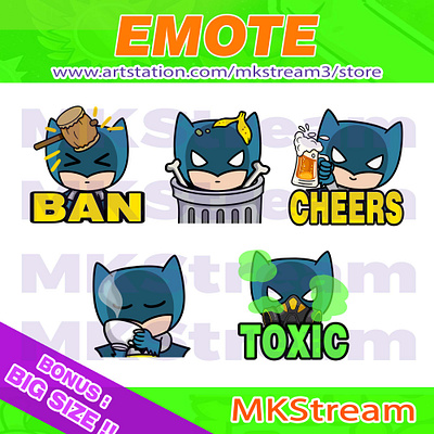 Emotes Chibi Batman ban hammer, trash, cheers, sip & toxic pack animated emotes anime ban emotes batman batman emotes cheers cute dark knight design discord stickers emote emotes illustration sip emotes stickers sub badge super heroes toxic trash twitch emotes