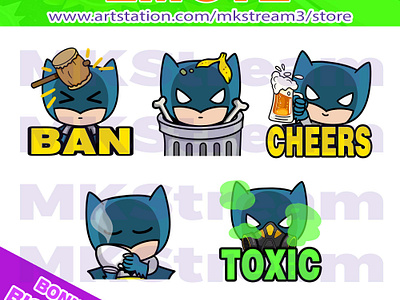 Emotes Chibi Batman ban hammer, trash, cheers, sip & toxic pack animated emotes anime ban emotes batman batman emotes cheers cute dark knight design discord stickers emote emotes illustration sip emotes stickers sub badge super heroes toxic trash twitch emotes