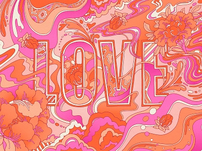 Feel the Love Illustration 60s 70s art licensing colorful florals flow groovy art illustrated type illustration lettering livelyscout love patterns pink procreate psychedelic retro retro illustration style vintage illustration