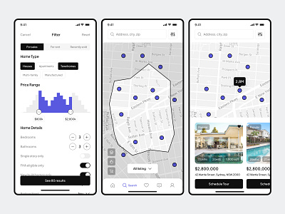 Reales UI Kit - Real Estate App (Filter & Search Screen) findyourhome homefinderapp homesearch homevalueestimator housecomparison househunting houselistingapp housetourscheduling mobile app mortgagecalculator propertyapp propertyfinder propertylistings propertysearchapp real estate realestateapp realestatefeed realestatemarketplace realestatetools ui kit