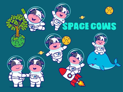 Space Cows Crypto Memecoin🐮🚀🪙💵 animal astronaut bitcoin branding character coin cow crypto currency cute doodle gold icon illustration logo memecoin money moon rocket space