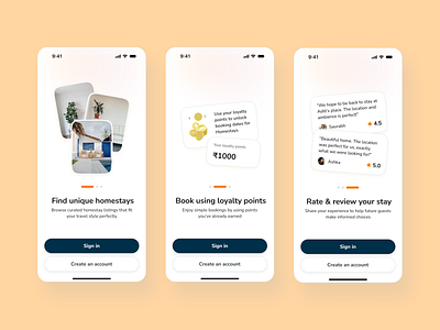 Onboarding for Booking Homestays app cards clean design minimal mobile onboarding signin ui