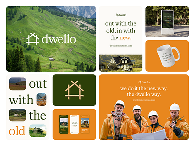 Dwello Visual Identity branding branding and identity design dribbble graphic design green home house identity layout logo logo design minimal modern nature orange realty renovation type typography