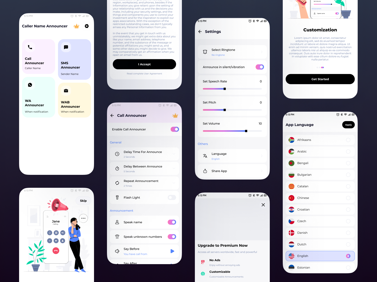 Caller Name Announcer App UI Design alert app announcer app business call announcer card design in app lively minimal modern onboard packages purchase settings toggle ui user experience ux whatsapp whatsapp alert