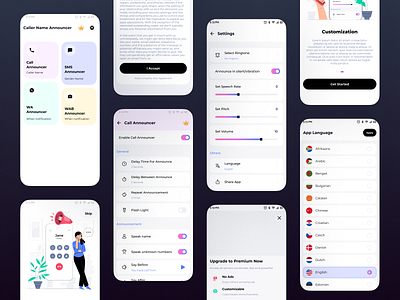 Caller Name Announcer App Design – Hands-Free Notifications UI alert app announcer app business call announcer card design in app lively minimal modern onboard packages purchase settings toggle ui user experience ux whatsapp whatsapp alert