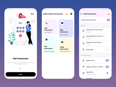 Caller Name Announcer App Design – Hands-Free Notifications UI alert app announcer app business call announcer card design in app lively minimal modern onboard packages purchase settings toggle ui user experience ux whatsapp whatsapp alert