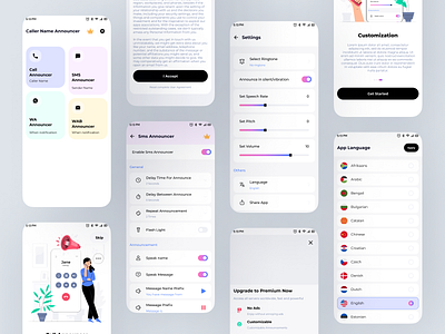 Caller Name Announcer Concept Design black business card cards design in app light theme lively minimal modern packages purchase settings toggle ui user experience ux whatsapp