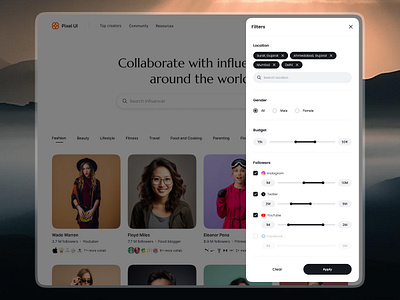 Influencer site - Filter view appdesign collaborate creativedesign creativeprocess designconcept designinspiration digitalproduct influencermarketing influencerplatform minimaldesign uidesign uiux userexperience webdesign