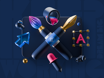 Tools of Creation 3D 3d artist creative dark blue gold illustration imagination inspiration purple red typography ui