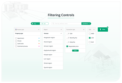 Filtering Controls dynamic real estate filters filter options filtering filtering controls property marketplace filters property search filters property type filter real estate advanced search real estate finder tools region filter