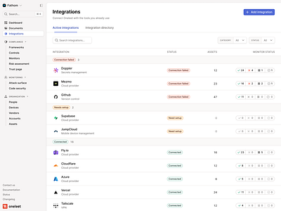 Integrations page - Active integrations table badges compliance figma integrations light mode minimal oneleet product design saas sections security sidebar table tabs ui web